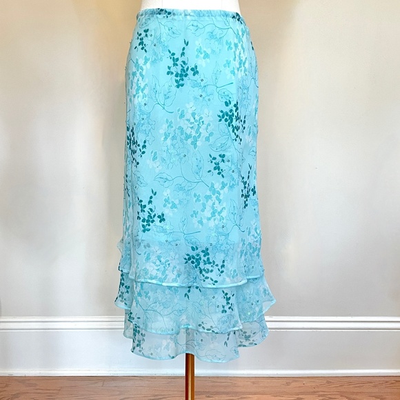 Y2K Aqua Floral Chiffon Ruffle Hem Midi Skirt Romantic Fairy Cottage Festival - Picture 1 of 13